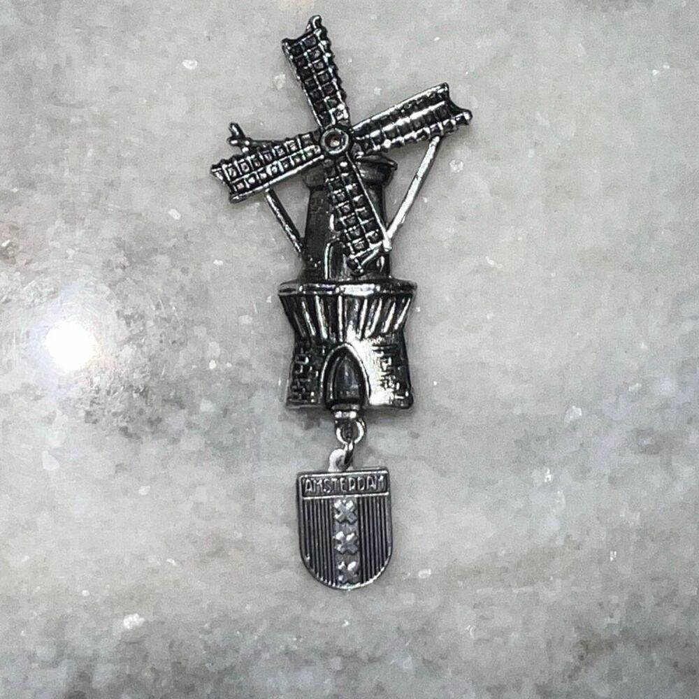 Vintage Antiqued Silver Toned Amsterdam Rotating Windmill Jewelry Pin Brooch